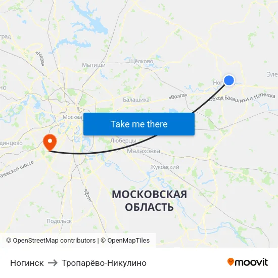 Ногинск to Тропарёво-Никулино map