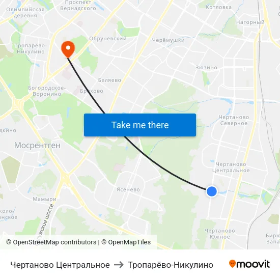 Чертаново Центральное to Тропарёво-Никулино map
