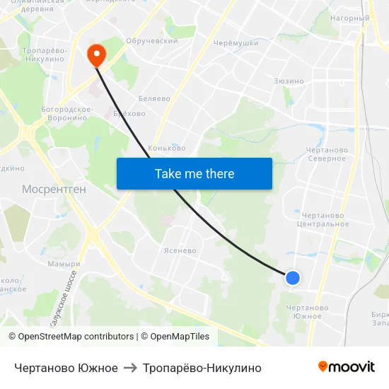 Чертаново Южное to Тропарёво-Никулино map