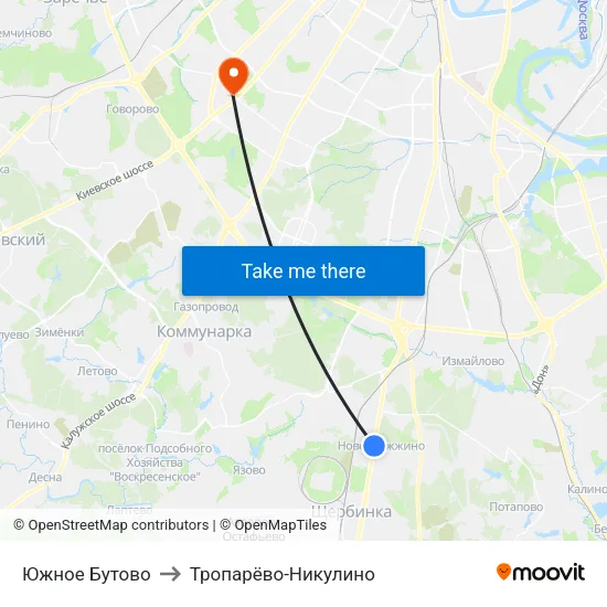 Южное Бутово to Тропарёво-Никулино map