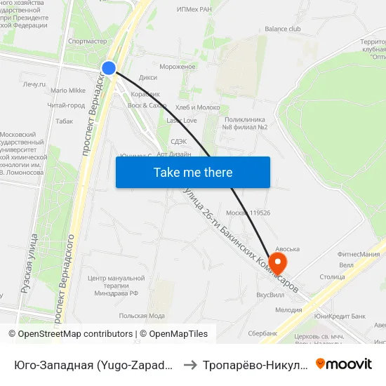 Юго-Западная (Yugo-Zapadnaya) to Тропарёво-Никулино map