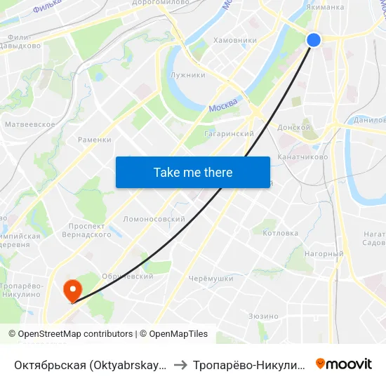 Октябрьская (Oktyabrskaya) to Тропарёво-Никулино map