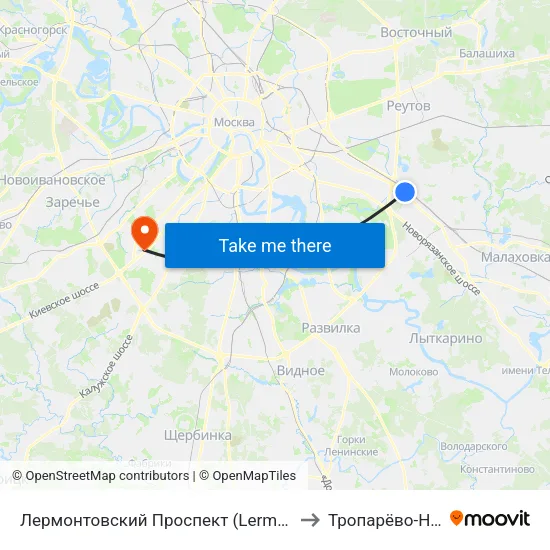 Лермонтовский Проспект (Lermontovsky Prospekt) to Тропарёво-Никулино map