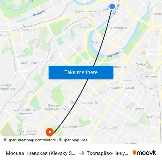 Москва Киевская (Kievsky Station) to Тропарёво-Никулино map