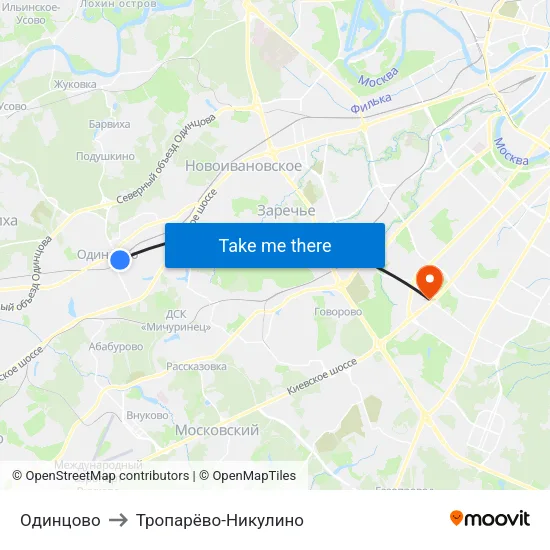 Одинцово to Тропарёво-Никулино map