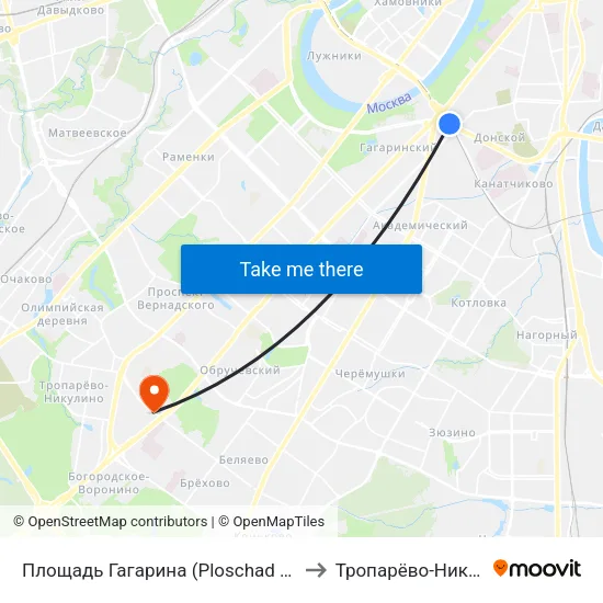 Площадь Гагарина (Ploschad Gagarina) to Тропарёво-Никулино map