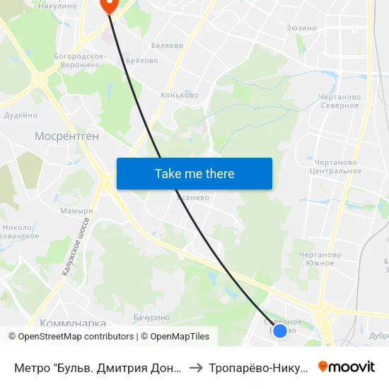 Метро "Бульв. Дмитрия Донского" to Тропарёво-Никулино map