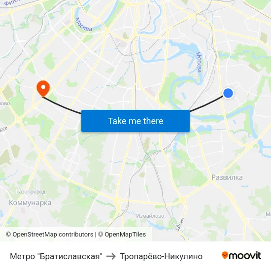 Метро "Братиславская" to Тропарёво-Никулино map