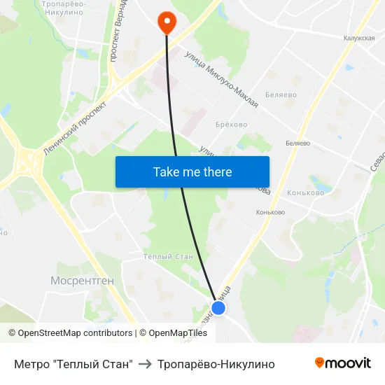 Метро "Теплый Стан" to Тропарёво-Никулино map