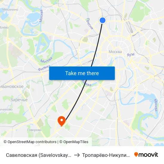 Савеловская (Savelovskaya) to Тропарёво-Никулино map