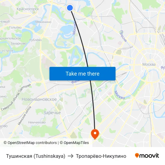 Тушинская (Tushinskaya) to Тропарёво-Никулино map