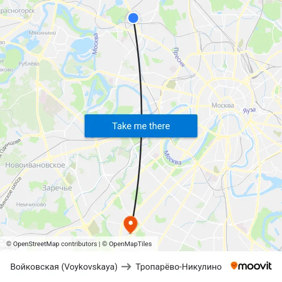 Войковская (Voykovskaya) to Тропарёво-Никулино map