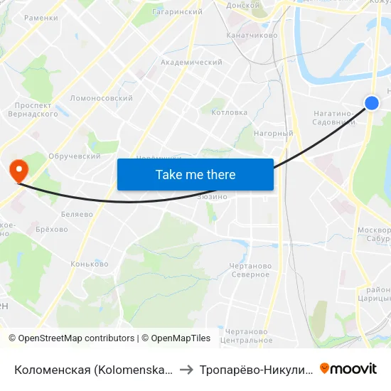 Коломенская (Kolomenskaya) to Тропарёво-Никулино map
