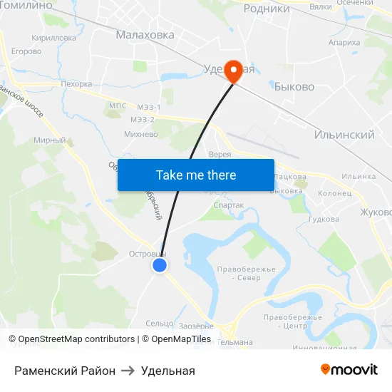 Раменский Район to Удельная map