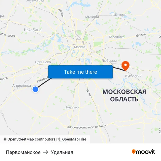 Первомайское to Удельная map