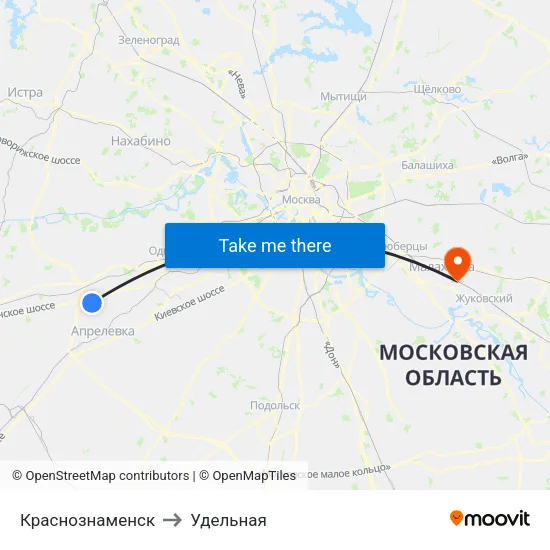 Краснознаменск to Удельная map