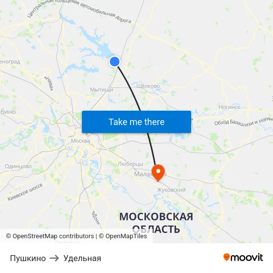 Пушкино to Удельная map