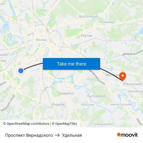 Проспект Вернадского to Удельная map