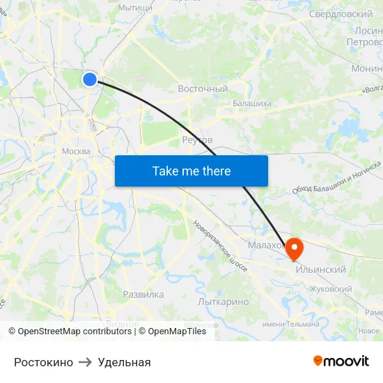 Ростокино to Удельная map