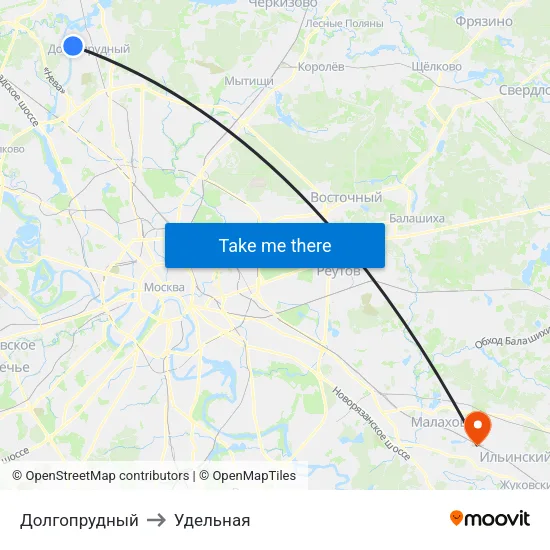 Долгопрудный to Удельная map