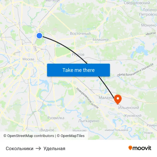 Сокольники to Удельная map