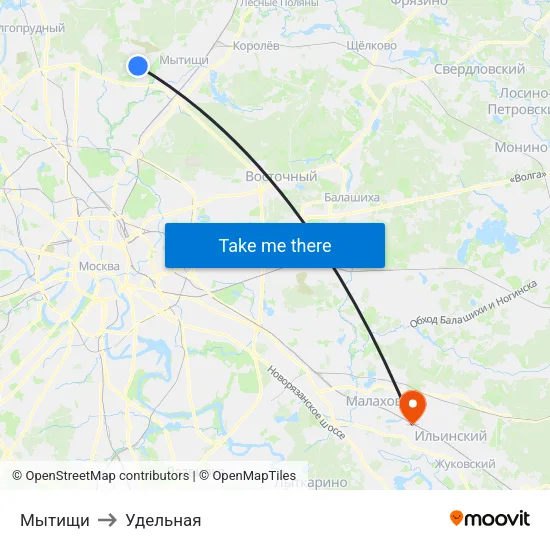 Мытищи to Удельная map