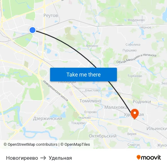 Новогиреево to Удельная map