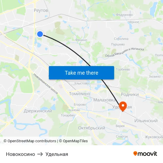 Новокосино to Удельная map