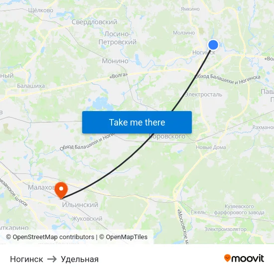 Ногинск to Удельная map