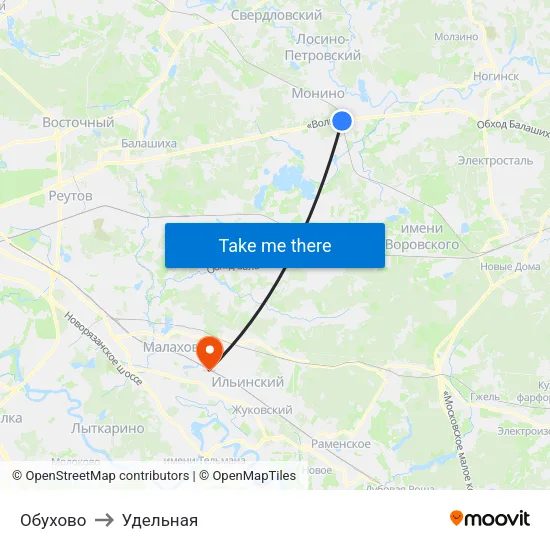 Обухово to Удельная map