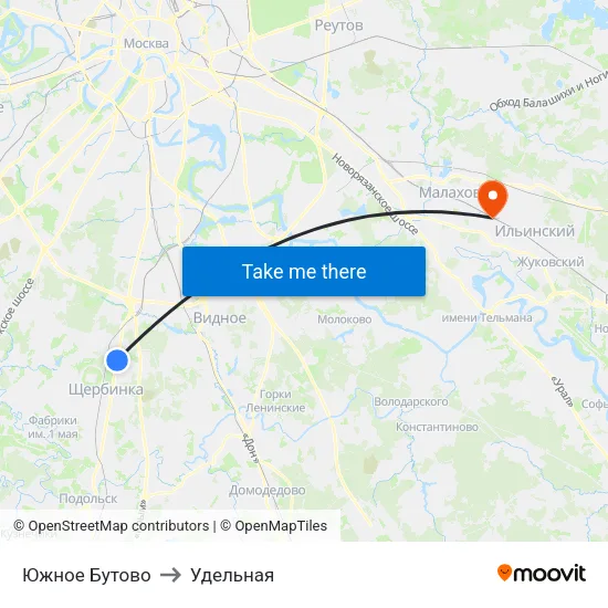 Южное Бутово to Удельная map