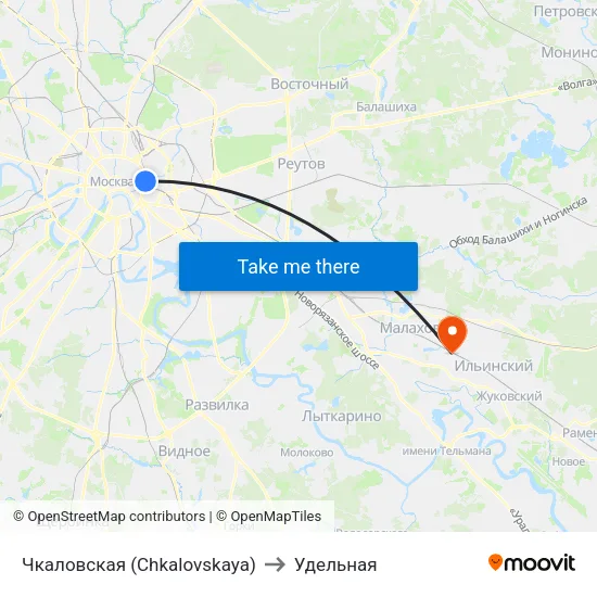 Чкаловская (Chkalovskaya) to Удельная map