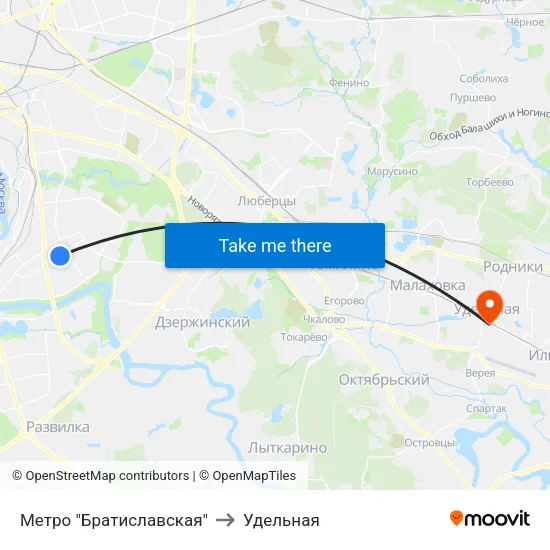 Метро "Братиславская" to Удельная map