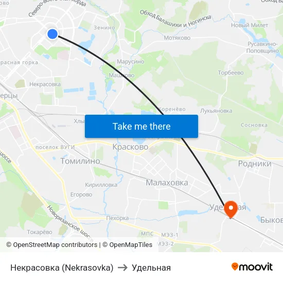 Некрасовка (Nekrasovka) to Удельная map