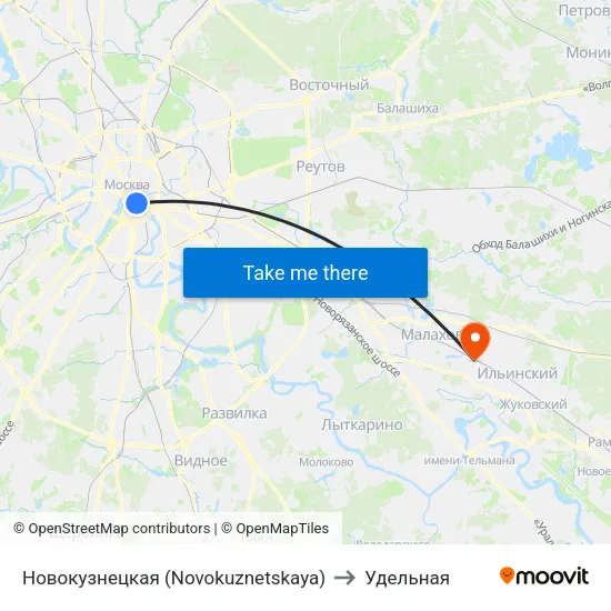 Новокузнецкая (Novokuznetskaya) to Удельная map