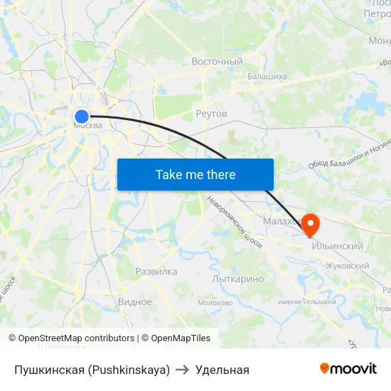 Пушкинская (Pushkinskaya) to Удельная map