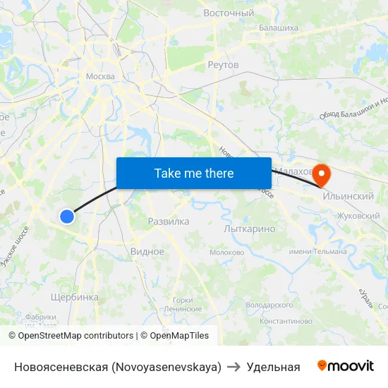 Новоясеневская (Novoyasenevskaya) to Удельная map