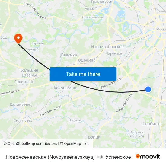 Новоясеневская (Novoyasenevskaya) to Успенское map