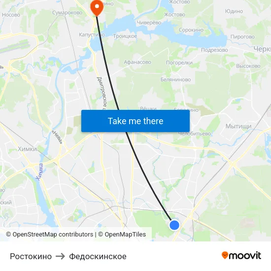 Ростокино to Федоскинское map