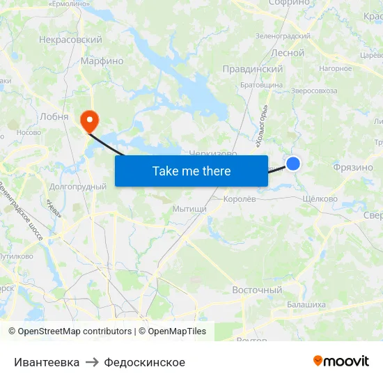 Ивантеевка to Федоскинское map