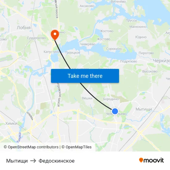 Мытищи to Федоскинское map