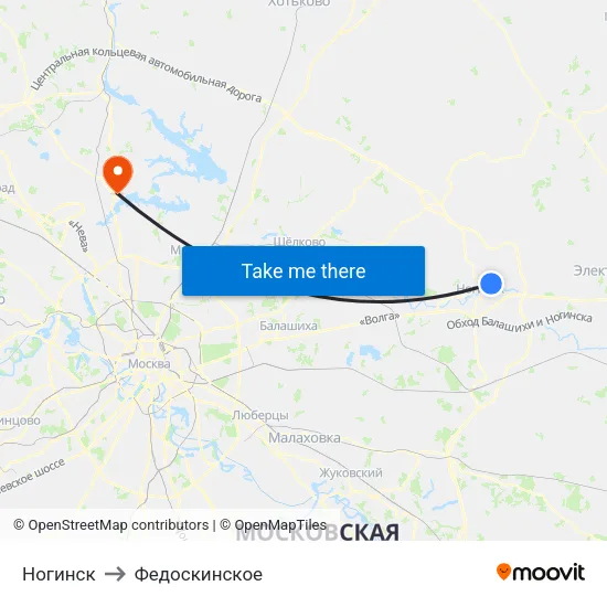 Ногинск to Федоскинское map