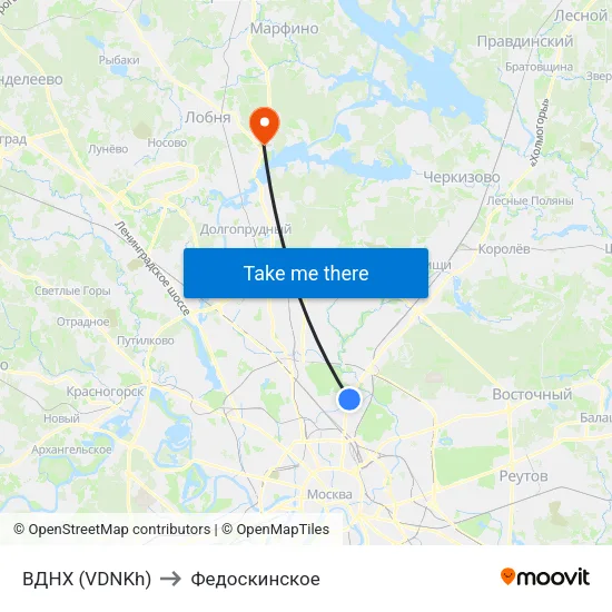 ВДНХ (VDNKh) to Федоскинское map