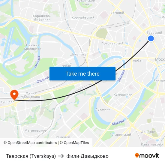 Тверская (Tverskaya) to Фили-Давыдково map