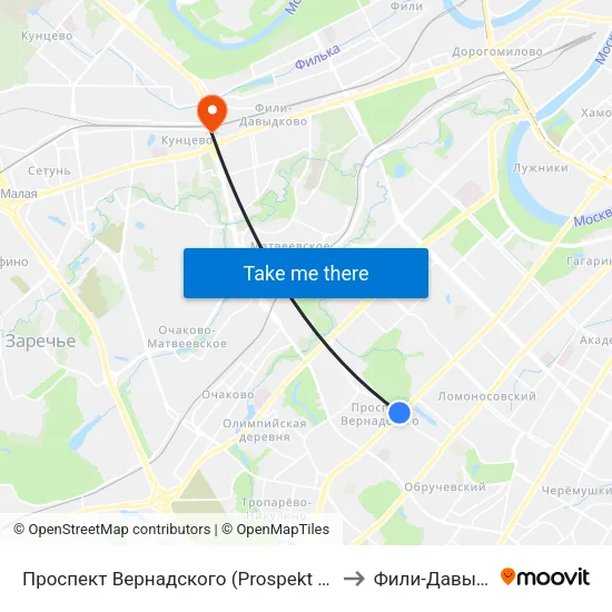 Проспект Вернадского (Prospekt Vernadskogo) to Фили-Давыдково map
