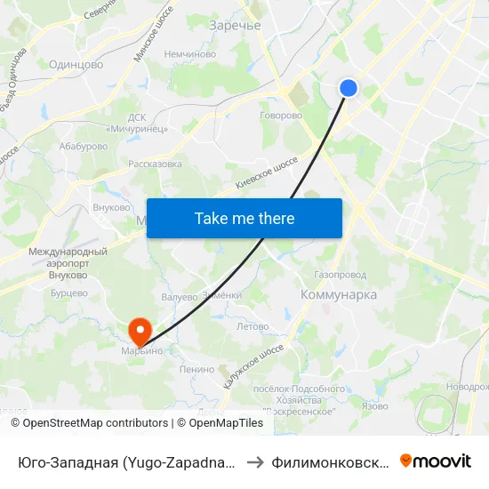 Юго-Западная (Yugo-Zapadnaya) to Филимонковское map
