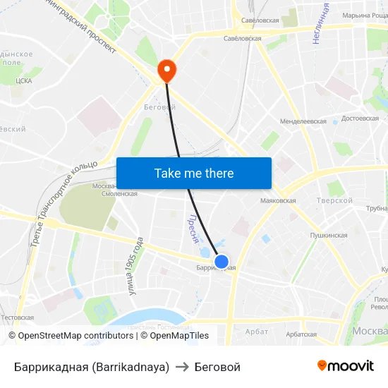 Баррикадная (Barrikadnaya) to Беговой map