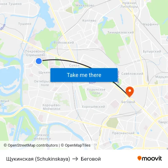 Щукинская (Schukinskaya) to Беговой map