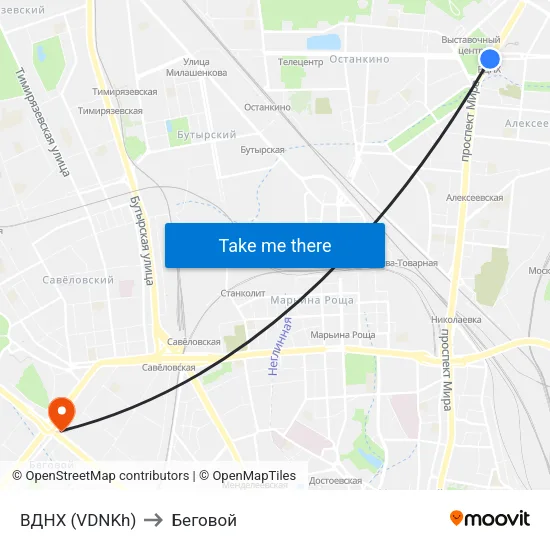 ВДНХ (VDNKh) to Беговой map
