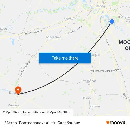 Метро "Братиславская" to Балабаново map
